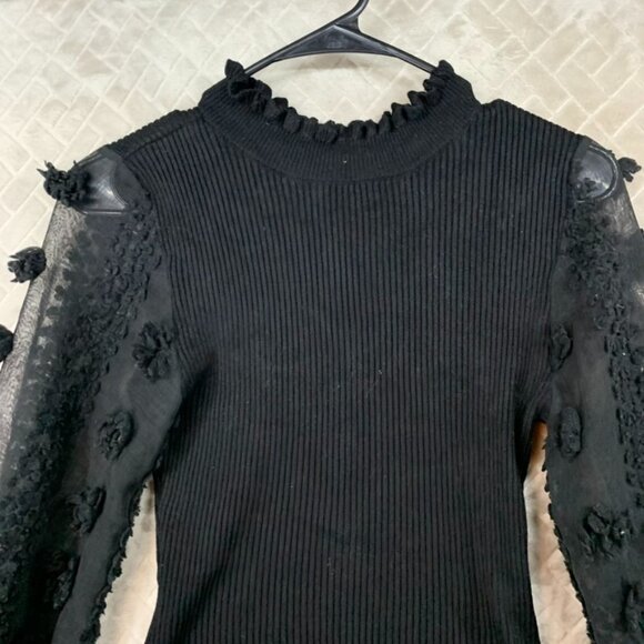 Almost Famous Womens S Sweater Black Ribbed Sheer Long Puff Sleeve Cabin Cottage - Picture 2 of 16